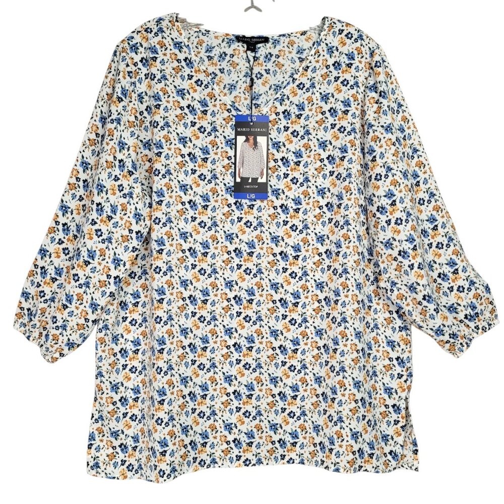Mario Serrani Top Women's L Floral Tunic V Neck Lightweight 3/4 Sleeve Casual